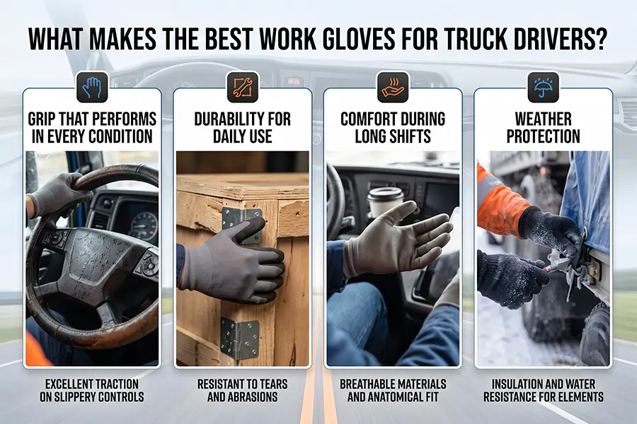 Work gloves for truck drivers infographic covering grip, durability, comfort, and weather protection.